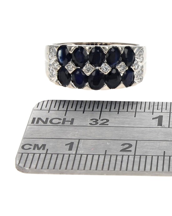 2 Row Blue Sapphire and Diamond Accent Ring in White Gold